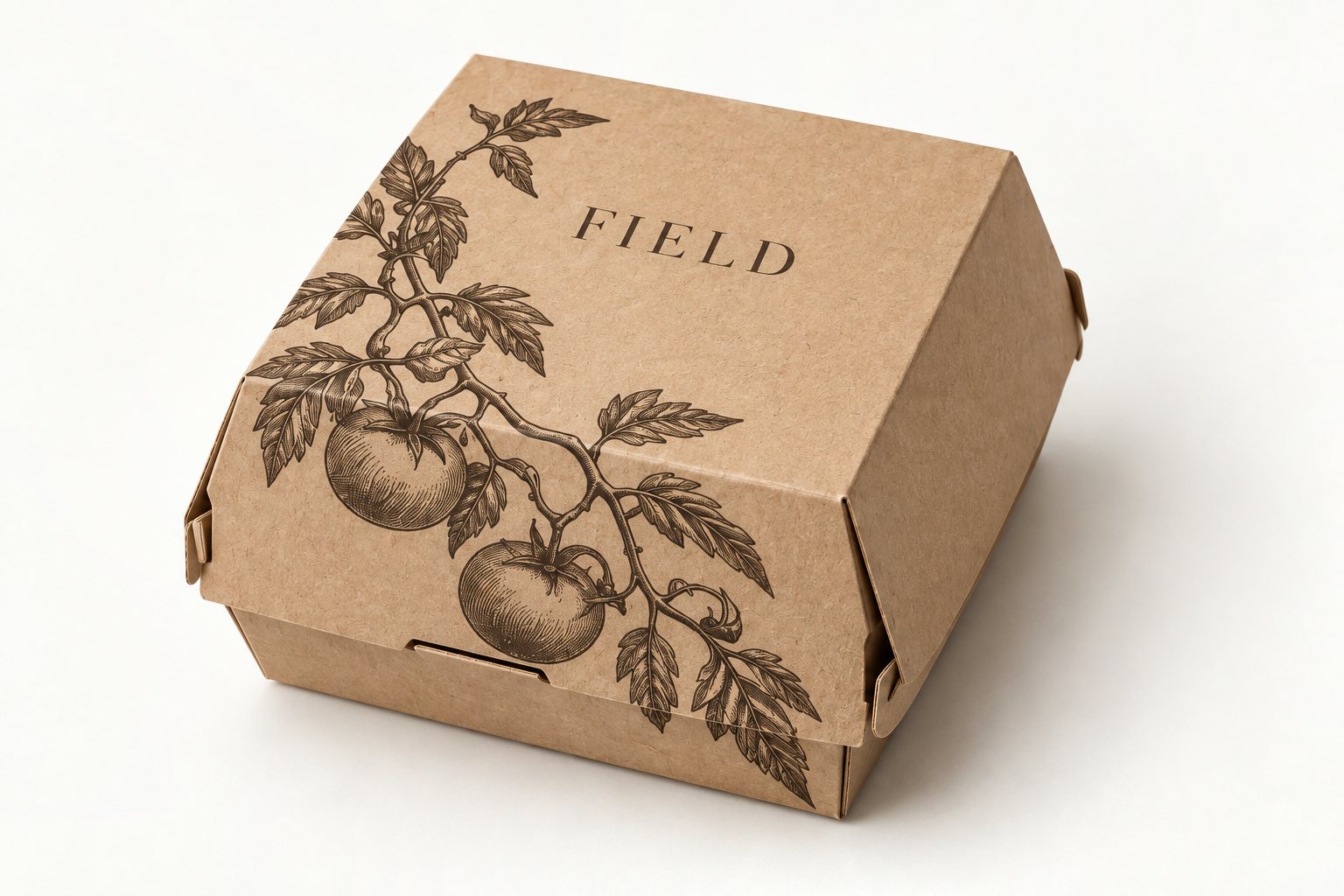 Standard kraft clamshell burger box printed in one colour with the “FIELD” tomato-vine illustration