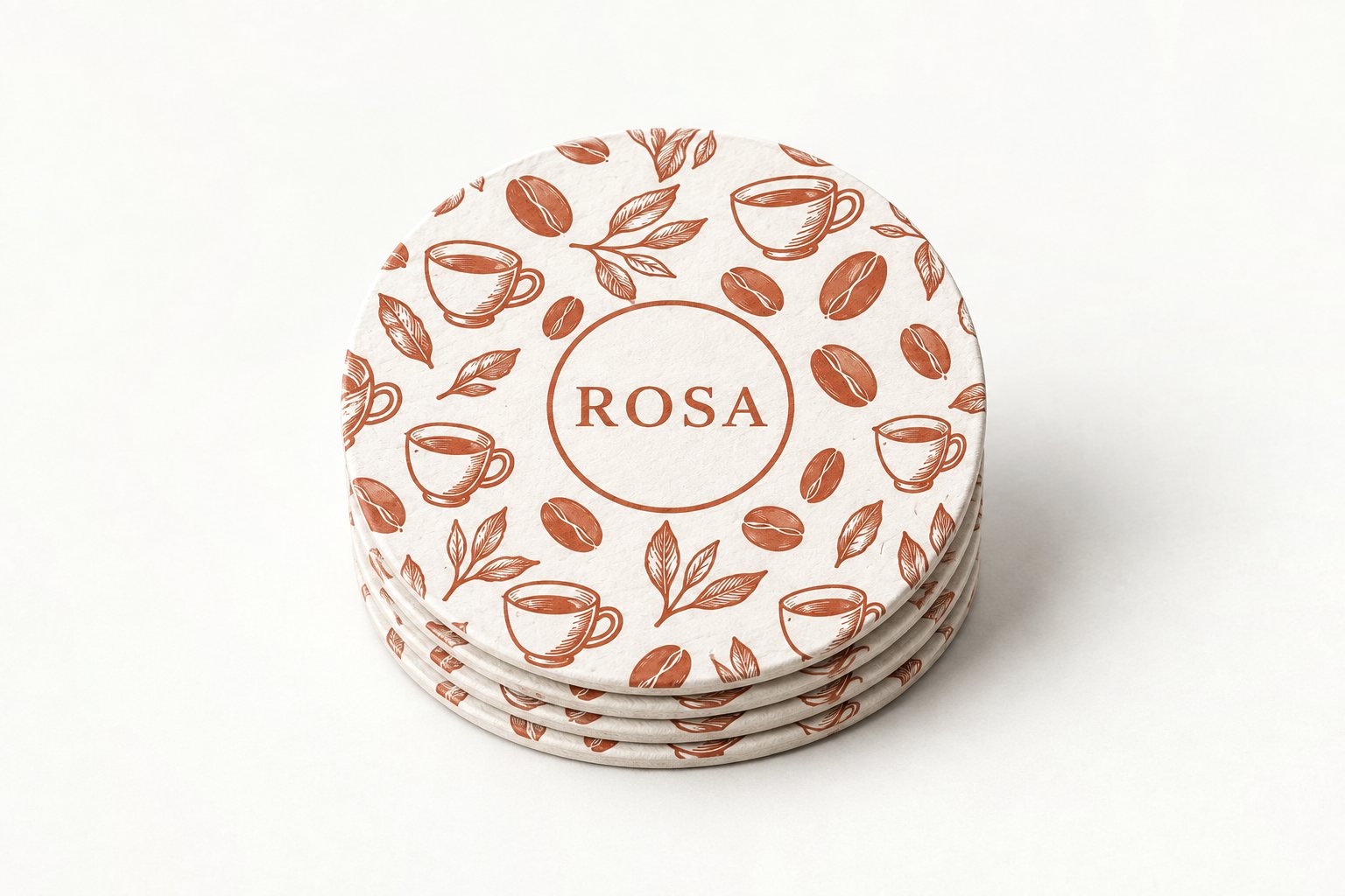Stack of round pulpboard coasters printed with the terracotta “ROSA” coffee design