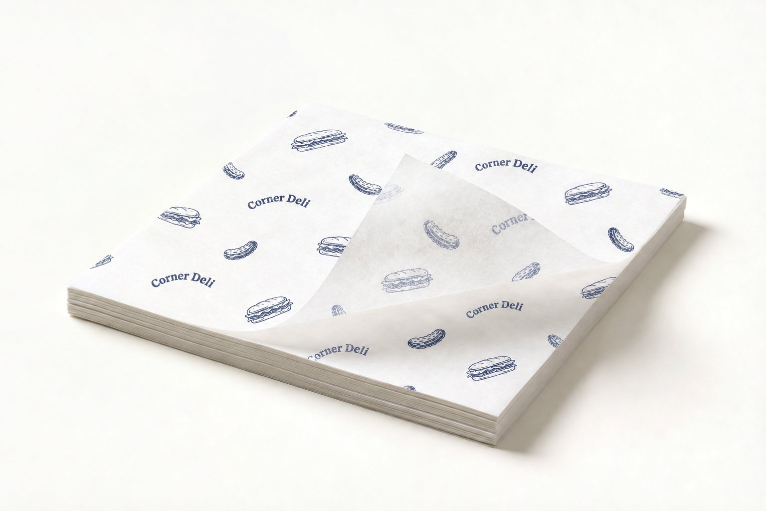 Stack of white greaseproof sheets printed with a repeat of the navy “Corner Deli” logo